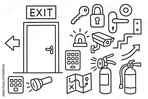Exit Door Icons. Hand-drawn doodle illustration exit door door, key, lock, handle, exit sign, arrow, corridor, keypad, security camera, flashlight, alarm bell,