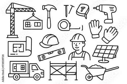 Modular Home Construction Doodles. Hand-drawn doodle illustration Modular home construction crane, shipping container, hammer, nails, blueprint, power drill,