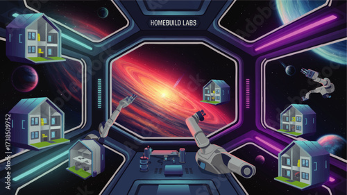Futuristic Space Station Laboratory with Robotic Arms Building Smart Homes in Outer Galaxy – Sci-Fi Technology Concept Art