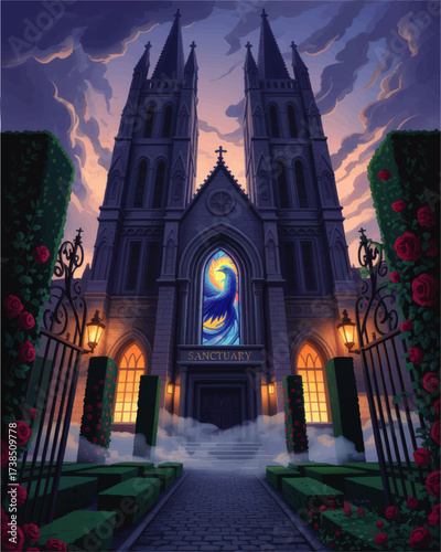 Majestic Gothic Cathedral Sanctuary Entrance at Dusk with Illuminated Stained Glass and Rose Garden, Fantasy Digital Art