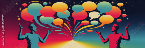 Vibrant Abstract Illustration of Communication, Dialogue, and Creativity with Colorful Speech Bubbles and Silhouetted People