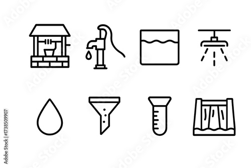 Water Extraction Icons. Outline icon set of water extraction: well, water pump, reservoir, irrigation pipe, dam, water droplet, filter, rain gauge. Line icons
