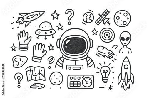 Space Doodle Exploration. Hand-drawn doodle illustration lost in space astronaut helmet, stars, planet, spaceship, question mark, map, radar, satellite, moon,