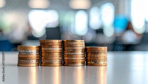 A pile of neatly stacked coins with blurred office background, realistic macro shot, text area reserved