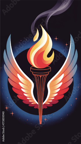 Vibrant Winged Torch Illustration with Glowing Flame and Blue Aura on Black Background – Symbol of Inspiration, Victory, and Freedom