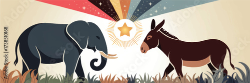 Retro Political Illustration of Democratic Donkey and Republican Elephant Facing Off with Golden Star and Vintage Sunburst