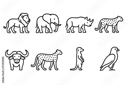 South African Icon Set. Outline icon set of South African wildlife: Lion, Elephant, Rhino, Leopard, Buffalo, Cheetah, Meerkat, African fish eagle. Line icons