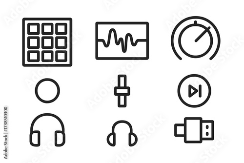 Beat Sampling Tool Icons. Outline icon set of beat sampling tools: drum pad, waveform display, tempo dial, play/pause button, record light, volume slider,