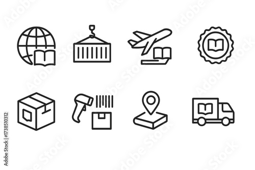 International Book Shipment Icons. Outline icon set of international book shipment: globe icon, shipping container, plane delivery, customs stamp, package box,