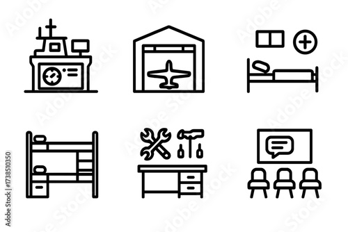 Aircraft Carrier Icons. Outline icon set of aircraft carrier onboard facilities: command center, hangar bay, mess hall, medical bay, sleeping quarters,