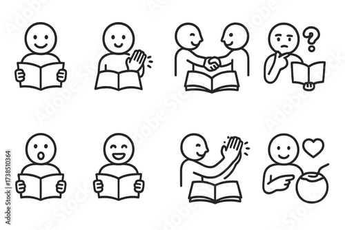 Icon Sets_ Emotions & Cuisine. Outline icon set of book club emotions: smile, applause, handshake, thinking, surprise, laughter, applause, heart. Line icons in