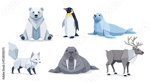Cute Origami Arctic and Antarctic Animals Collection Polar Bear Penguin Seal Fox Walrus Reindeer Flat Geometric Style
