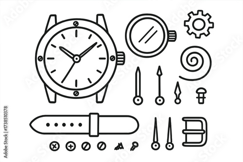 Watch Doodle Icons. Hand-drawn doodle illustration bezel watch face, watch hands, crown, dial markers, screws, metal frame, glass cover, strap, buckle, gear,