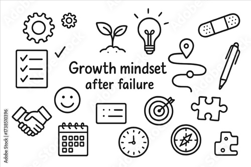 Growth Mindset Icons. Hand-drawn doodle illustration Growth mindset after failure sprout, light bulb, gears, checklist, smiling face, target, handshake,
