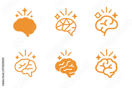 Creative Brain Logos. same emblematic concept, each with different artistic interpretation (Stylized detail, Iconic shape, Creativity spark. Set Logo of
