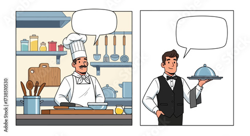 Chef and waiter in restaurant setting, illustrating communication with blank speech bubbles