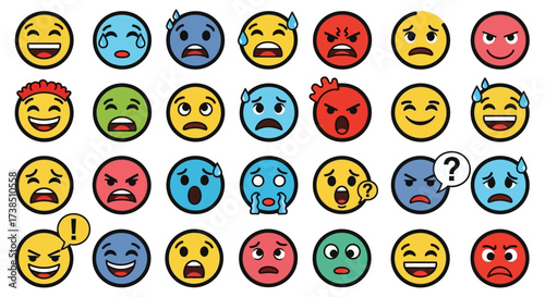 Collection of Colorful Cartoon Emoji Faces Expressing Various Emotions and Moods