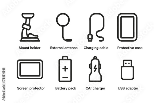 GPS Accessories Icons. Outline icon set of GPS accessories: mount holder, external antenna, charging cable, protective case, screen protector, battery pack,