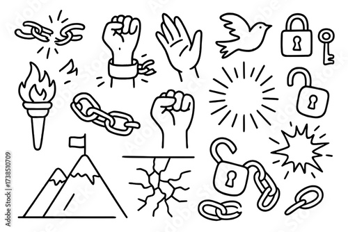 Breaking Free Symbols. Hand-drawn doodle illustration Freedom and breaking chains broken chain, hand breaking shackle, clenched fist, open hand, lock, key,
