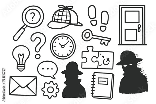 Mystery Doodle Icons. Hand-drawn doodle illustration mystery conundrum magnifying glass, question mark, detective hat, footprints, locked door, key, clock,