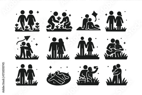 Couple Icons in Nature. Couples in fields and meadows. Solid icons set of couple walking in flowers, couple picking wildflowers, couple sitting on blanket,