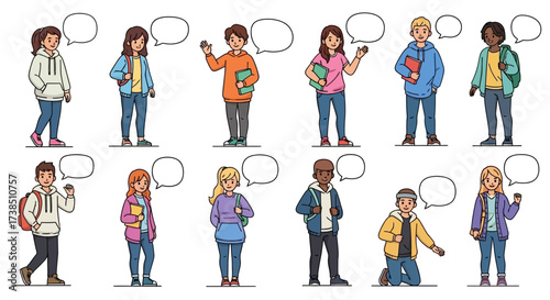 Diverse group of cartoon students with speech bubbles ideal for educational content or announcements