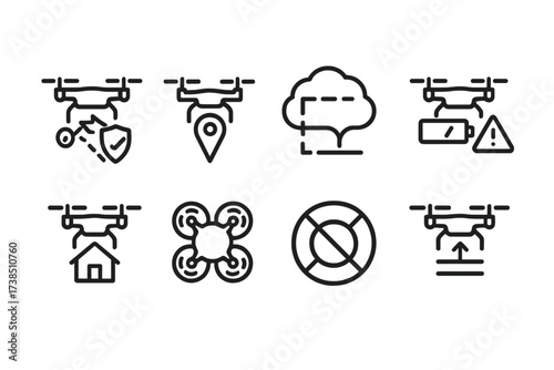 Drone Safety Icon Set. Outline icon set of drone safety features: obstacle avoidance, GPS lock, geofencing, low battery alert, failsafe return, propeller
