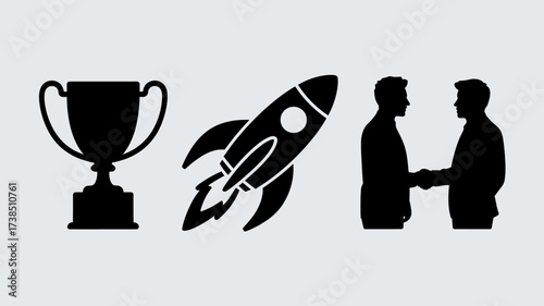 Trophy rocket and handshake icons symbolize success innovation and partnership in business ventures representing growth achievement and collaboration for startups and established firms