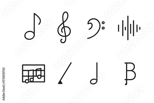 Music Symbols Icon Set. Outline icon set of song symbols: musical note, treble clef, bass clef, sound wave, music bar, tempo symbol, rest note, chord symbol.