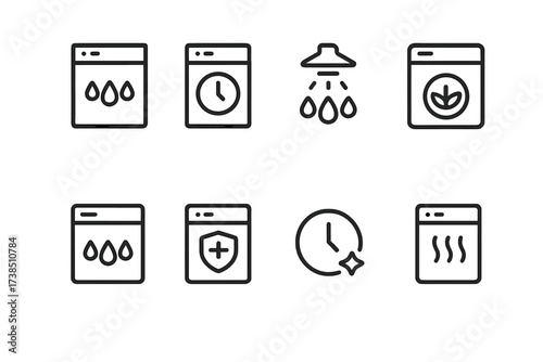 Dishwasher Cycle Icons. Outline icon set of dishwasher cycles: normal wash, quick wash, heavy wash, eco mode, rinse only, sanitize, delay start, drying. Line