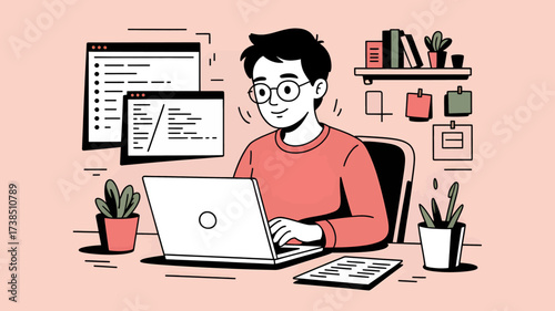 Young programmer working on laptop with code windows surrounded by desk plants and books in a cozy home office setting showcasing remote work and software development skills