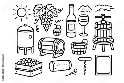 Wine Making Icons. Hand-drawn doodle illustration Wine making process wine bottle, wine glass, grape cluster, barrel, fermentation tank, press, basket, vine