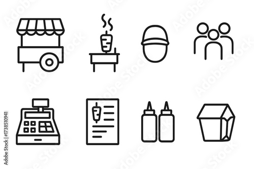 Kebab Street Food Icons. Outline icon set of kebab street food scene: food cart, grill smoke, vendor hat, customer line, cash register, menu board, condiment