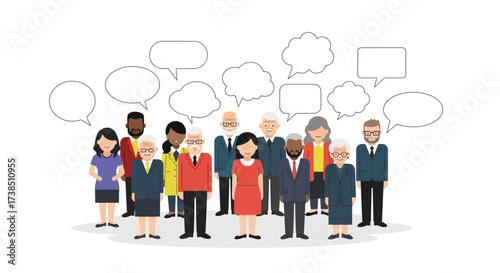 Diverse group of people with speech bubbles representing communication and ideas sharing