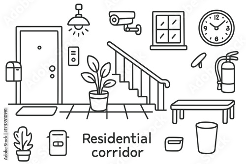 Residential Corridor Doodles. Hand-drawn doodle illustration residential corridor door, mailbox, light fixture, plant, carpet, window, staircase, handrail,