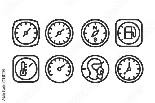 Fighter Jet Instrument Icons. Outline icon set of fighter jet instruments: altimeter, speedometer, compass, fuel gauge, temperature gauge, g-force meter,