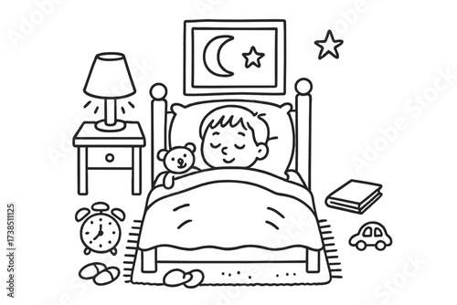 Cozy Bedtime Doodle. Hand-drawn doodle illustration Child tucked in bed under soft nightlight child asleep, bed, blanket, pillow, nightlight, teddy bear, moon,