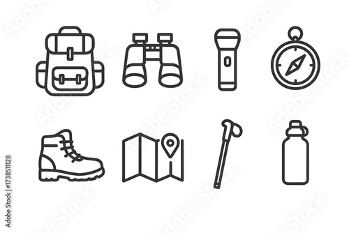 Exploration and Decision Icons. Outline icon set of exploration gear: backpack, binoculars, flashlight, compass, hiking boots, map, walking stick, water