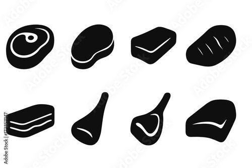 Meat Cuts Icons. Solid, filled icon set of meat cuts: ribeye steak, tenderloin, brisket, flank steak, pork belly, lamb shank, veal chop, sirloin. Solid, filled