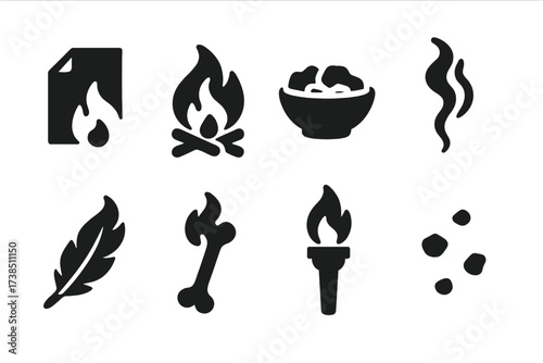 Burnt Offerings Icons. Solid, filled icon set of burnt offerings: flaming paper, sacrificial fire, ash bowl, charmed smoke, scorched feather, blackened bone,