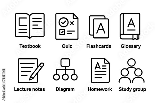 Educational Icon Set. Outline icon set of educational annotation: textbook, quiz, flashcards, glossary, lecture notes, diagram, homework, study group. Line