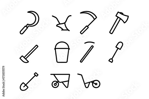 Rural Tool Icons. Outline icon set of rural tools: sickle, plow, scythe, axe, hoe, bucket, wheelbarrow, shovel. [Line icons in only black color, consistent
