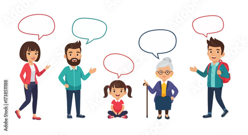 Illustration of diverse family members communicating with speech bubbles, a visual dialogue