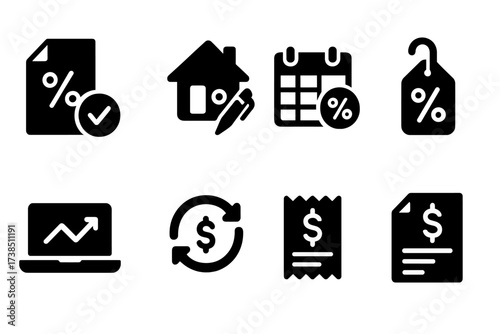 Interest Rate Icons. Solid, filled icon set of interest rate transactions: loan approval, mortgage sign, payment schedule, interest charge, balance update,