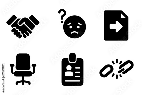 Job Insecurity Icons. Solid, filled icon set of job insecurity: shaking hands, uncertain face, exit door, canceled contract, empty chair, clock ticking, lost