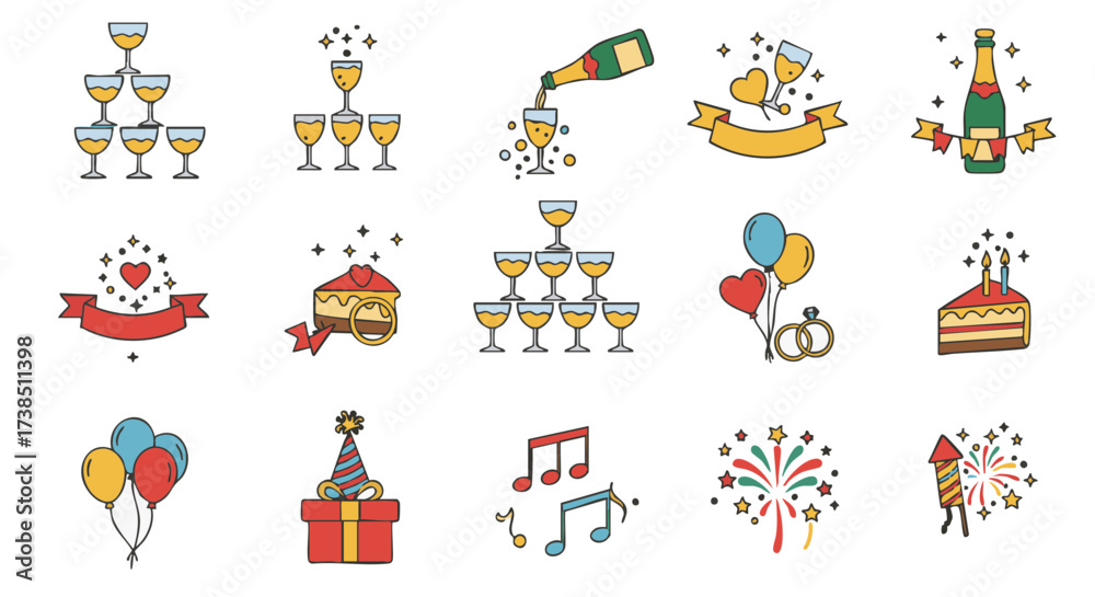 Naklejka premium Vector icons set champagne glasses pyramid festive celebration