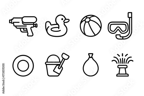 Water Play Icons. Outline icon set of water play: water gun, pool float, beach ball, snorkel mask, inflatable ring, bucket and spade, water balloon, sprinkler.