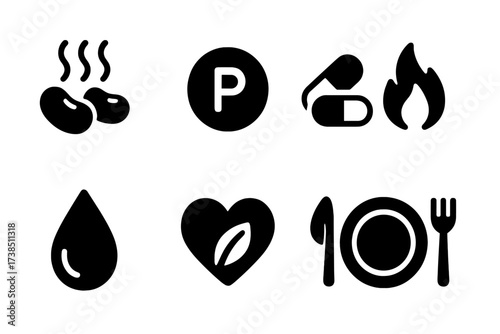 Steamed Beans Nutrition Icons. Solid, filled icon set of steamed beans nutrition: protein symbol, vitamin capsule, calorie count, fiber icon, water drop, heart