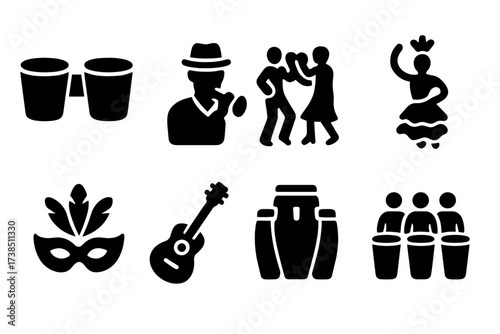 Bongo Culture Icons. Solid, filled icon set of bongo cultural aspects: Afro-Cuban music, Caribbean culture, Latin jazz, salsa dancing, rumba, carnival, folk