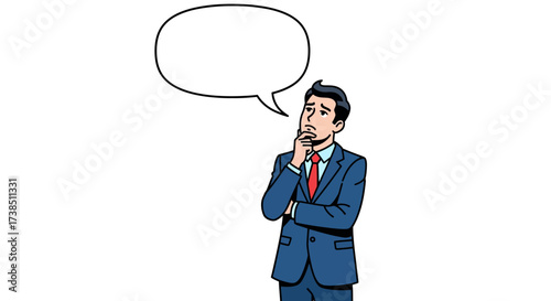 Pensive businessman in suit contemplating solution with speech bubble illustration